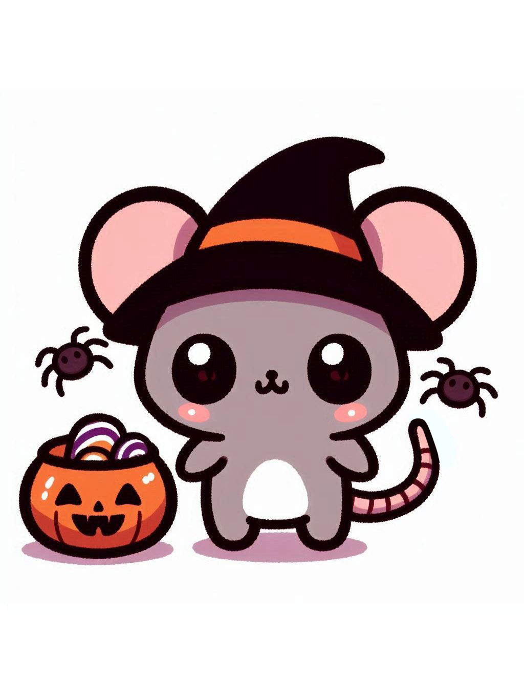 halloween cute animals drawings of a cute mouse in a witch hat with spiders and a pumpkin candy holder